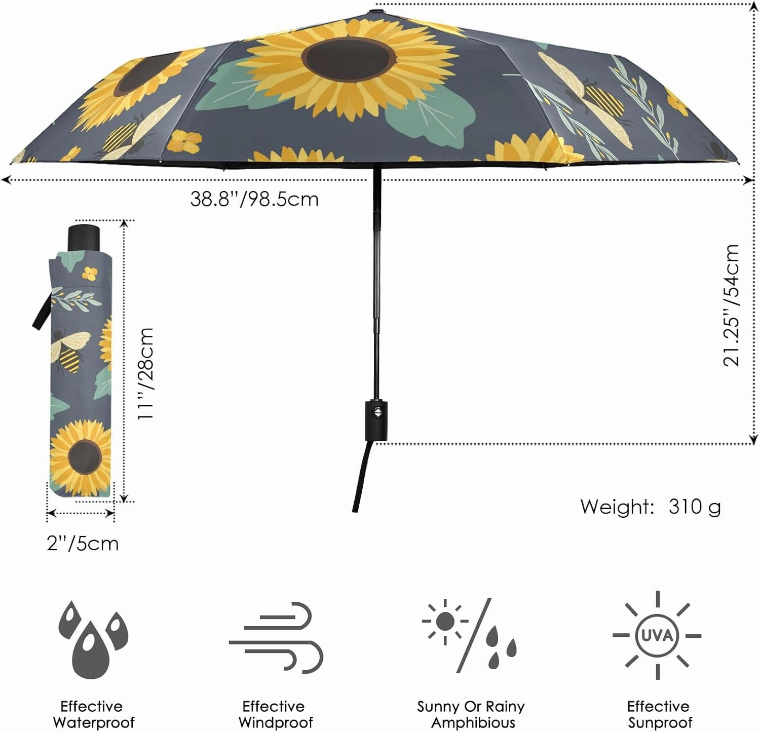 Oyihfvs Automatic Windproof Waterproof Umbrella, Folding Umbrella Reinforced Portable Compact UV Protection Sun rain Auto Open/Close