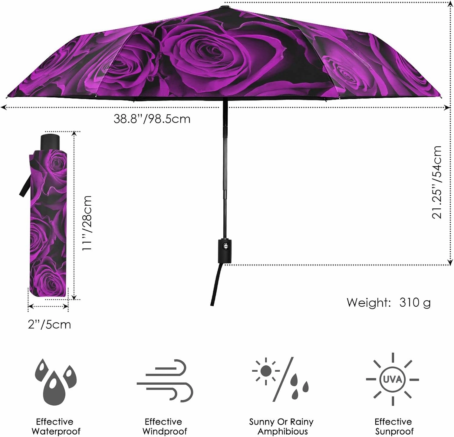 Oyihfvs Automatic Windproof Waterproof Umbrella, Folding Umbrella Reinforced Portable Compact UV Protection Sun rain Auto Open/Close