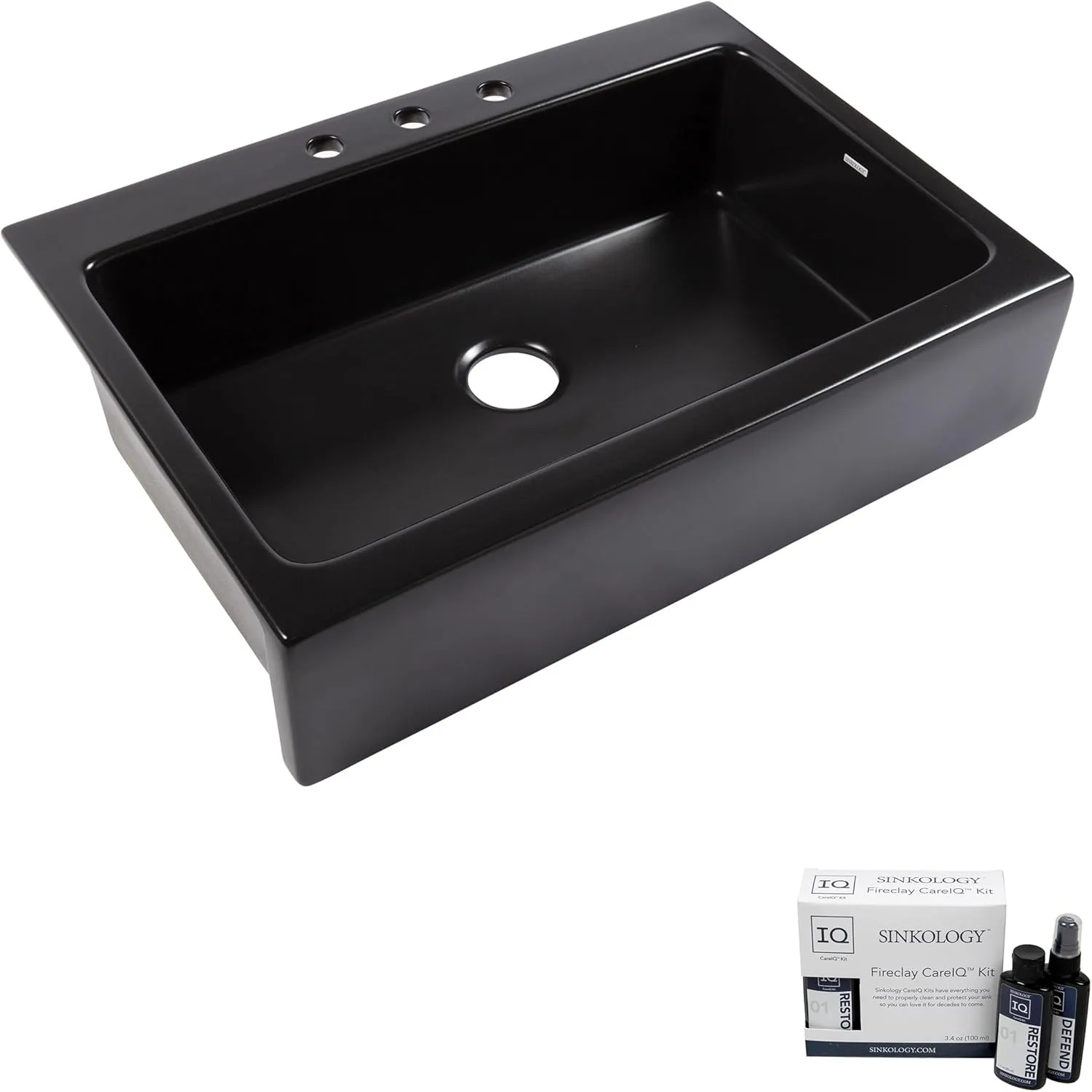 Parker Fireclay Quick-Fit Drop-In Farmhouse Kitchen Sink and Care Kit, 34" Matte Black Single Bowl with 3 Holes