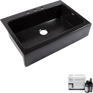 Parker Fireclay Quick-Fit Drop-In Farmhouse Kitchen Sink and Care Kit, 34" Matte Black Single Bowl with 3 Holes