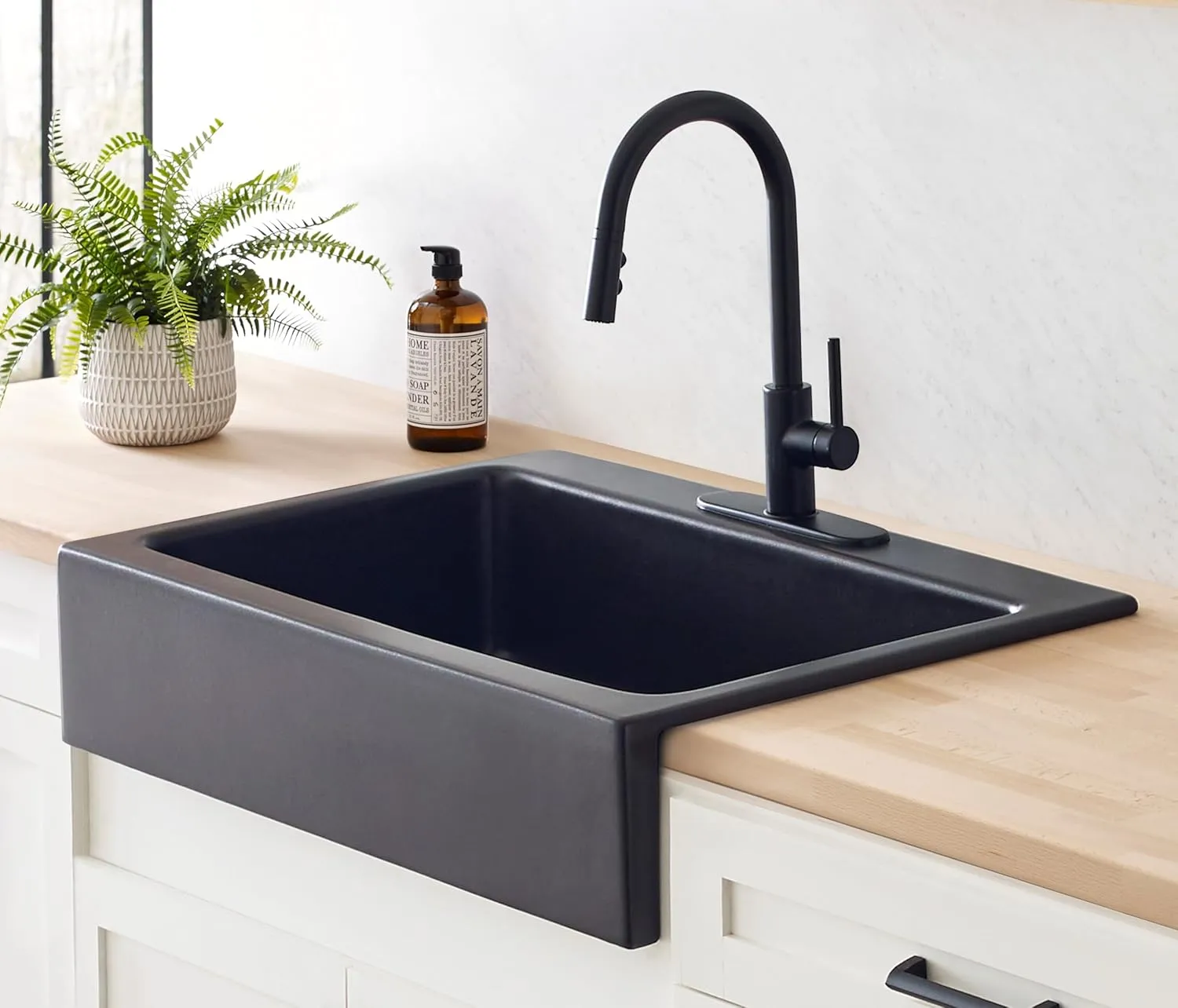 Parker Fireclay Quick-Fit Drop-In Farmhouse Kitchen Sink and Care Kit, 34" Matte Black Single Bowl with 3 Holes