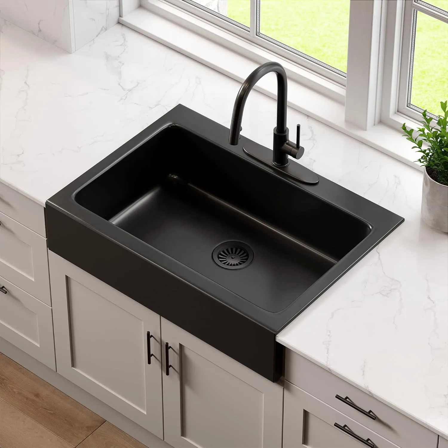 Parker Fireclay Quick-Fit Drop-In Farmhouse Kitchen Sink and Care Kit, 34" Matte Black Single Bowl with 3 Holes