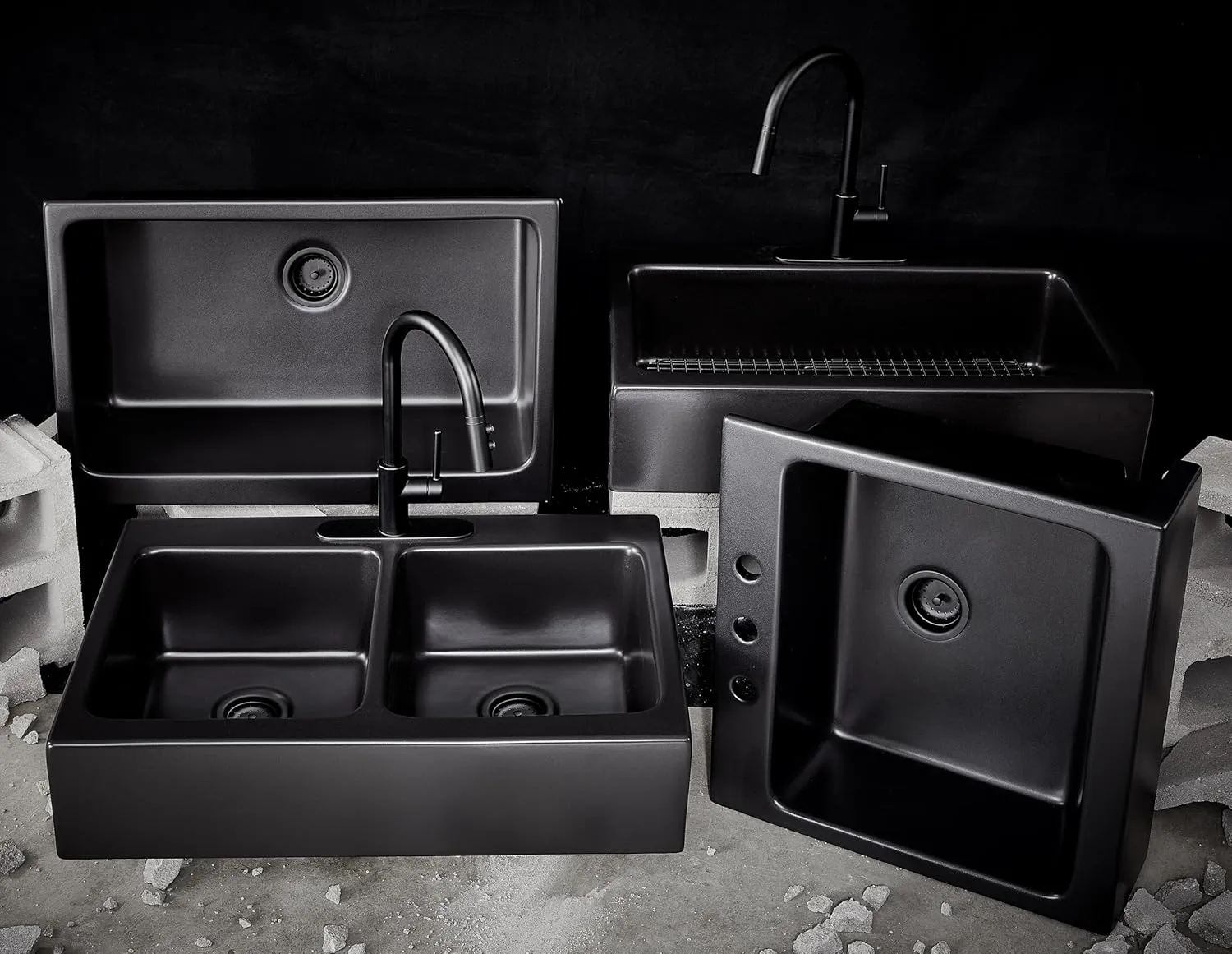 Parker Fireclay Quick-Fit Drop-In Farmhouse Kitchen Sink and Care Kit, 34" Matte Black Single Bowl with 3 Holes