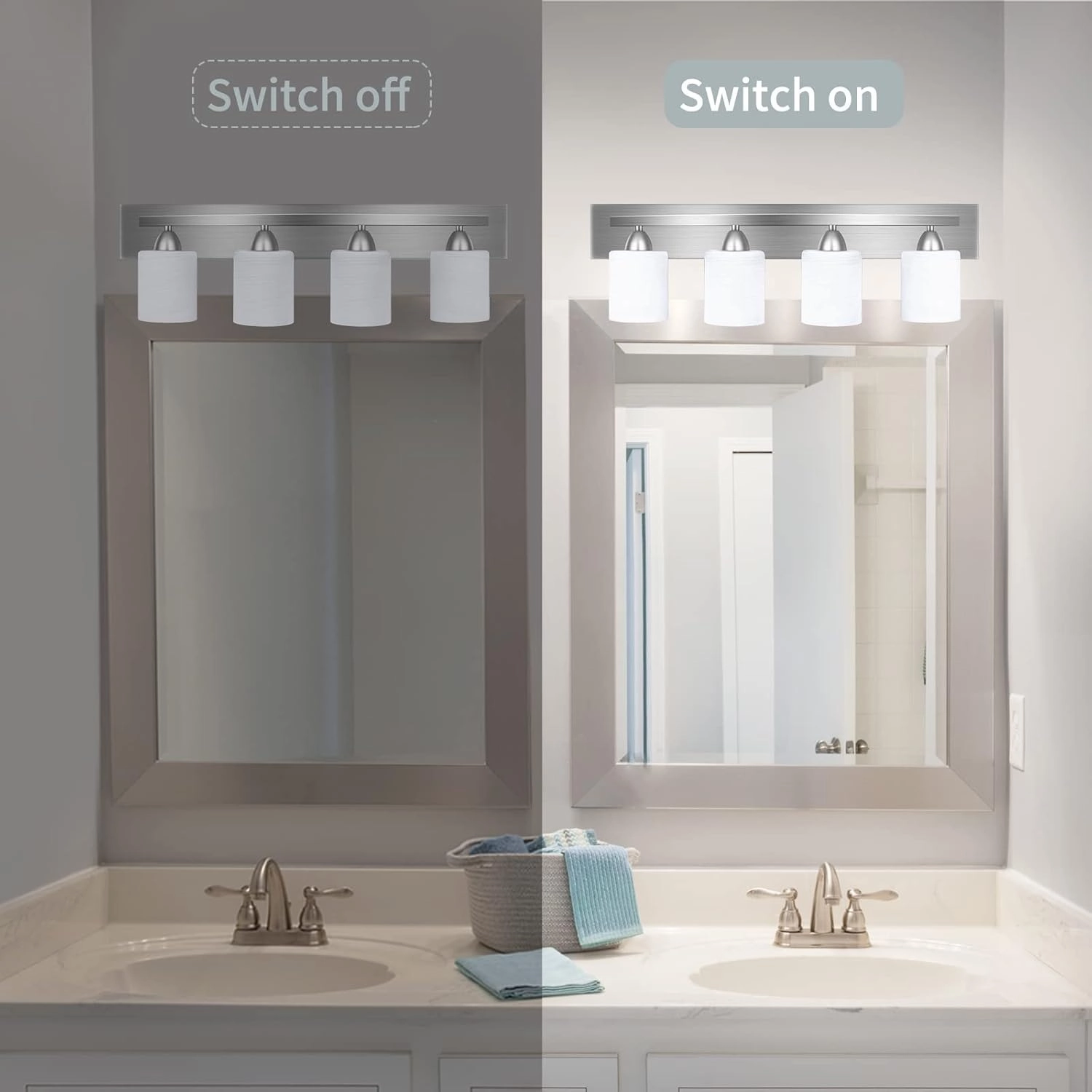 PARTPHONER 4-Light Bathroom Vanity Light Fixture, 5 Piece All-in-One Bath Sets, Bar, Towel Ring, Robe Hook, Toilet Paper Holder, Brushed Nickel with White Frosted Glass Vanity Light