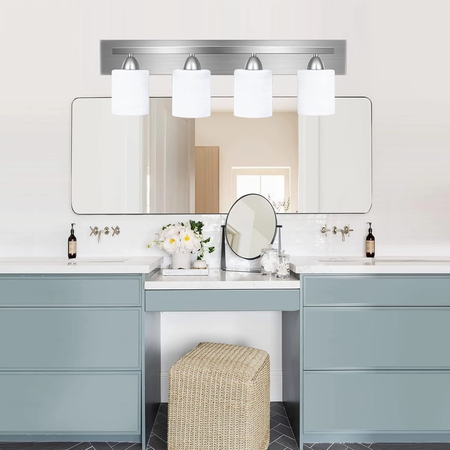 PARTPHONER 4-Light Bathroom Vanity Light Fixture, 5 Piece All-in-One Bath Sets, Bar, Towel Ring, Robe Hook, Toilet Paper Holder, Brushed Nickel with White Frosted Glass Vanity Light