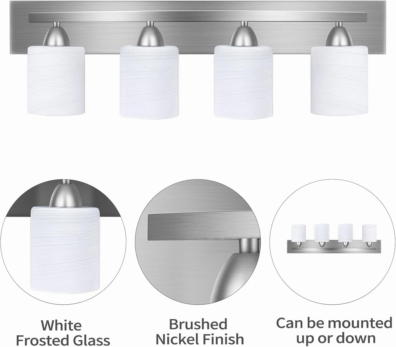 PARTPHONER 4-Light Bathroom Vanity Light Fixture, 5 Piece All-in-One Bath Sets, Bar, Towel Ring, Robe Hook, Toilet Paper Holder, Brushed Nickel with White Frosted Glass Vanity Light