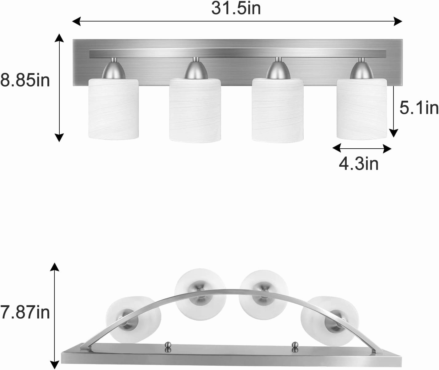 PARTPHONER 4-Light Bathroom Vanity Light Fixture, 5 Piece All-in-One Bath Sets, Bar, Towel Ring, Robe Hook, Toilet Paper Holder, Brushed Nickel with White Frosted Glass Vanity Light