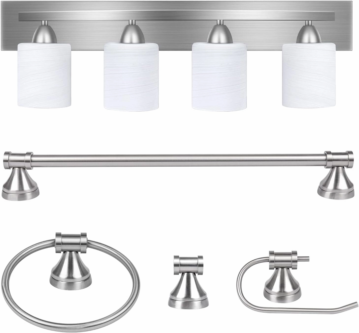 PARTPHONER 4-Light Bathroom Vanity Light Fixture, 5 Piece All-in-One Bath Sets, Bar, Towel Ring, Robe Hook, Toilet Paper Holder, Brushed Nickel with White Frosted Glass Vanity Light