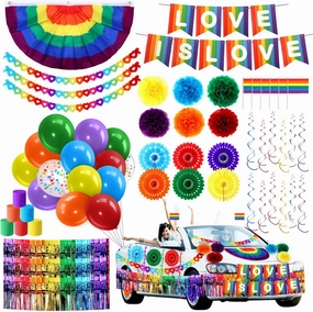 Pasimy 58 Pcs Pride Day Parade Float Decorations Kit LGBT Gay Party Rainbow Foil Fringe Tinsel Love is Love Garlands Fan Flag LGBTQ Banner Balloons Paper Fans Streamers for Car Golf Vehicle Decor