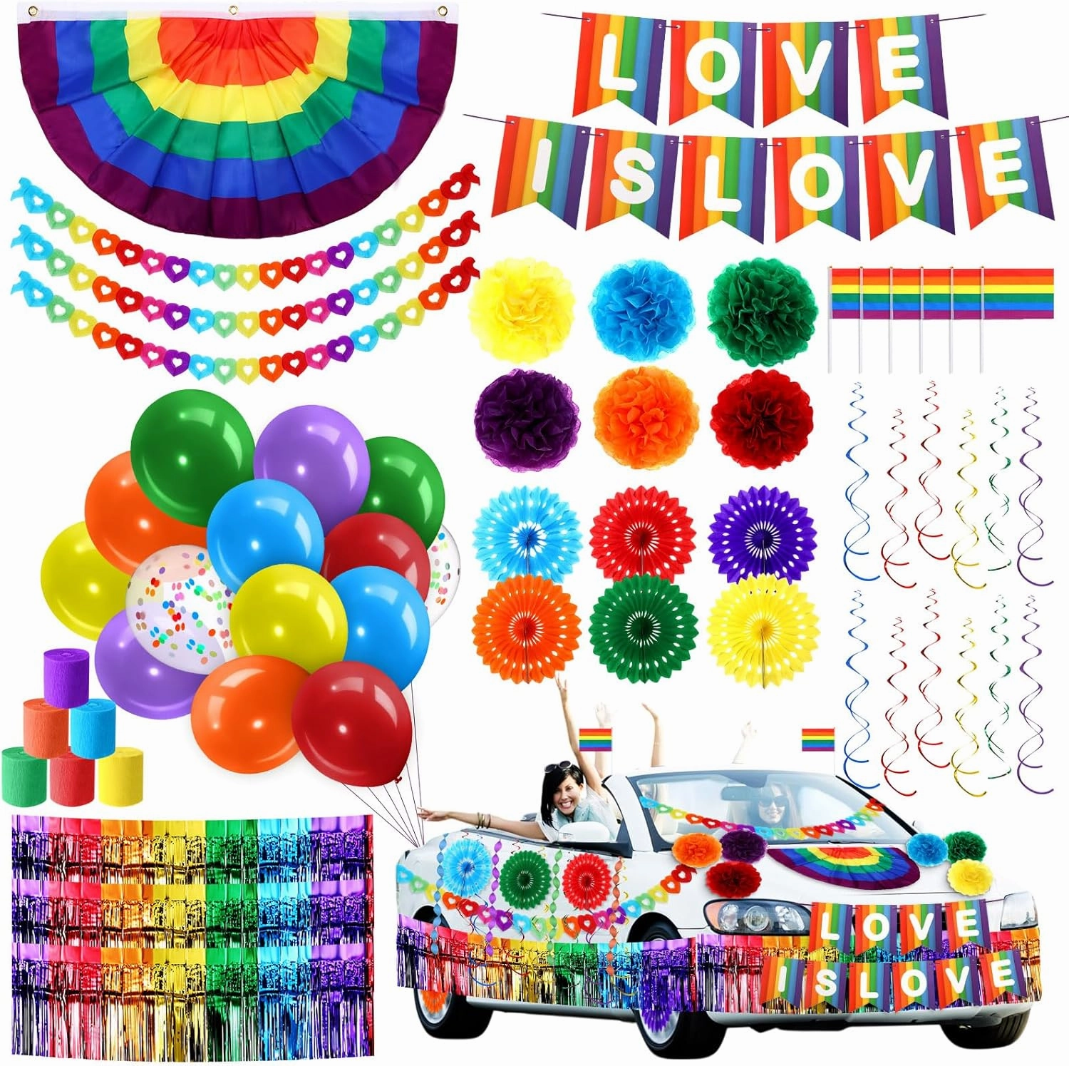Pasimy 58 Pcs Pride Day Parade Float Decorations Kit LGBT Gay Party Rainbow Foil Fringe Tinsel Love is Love Garlands Fan Flag LGBTQ Banner Balloons Paper Fans Streamers for Car Golf Vehicle Decor