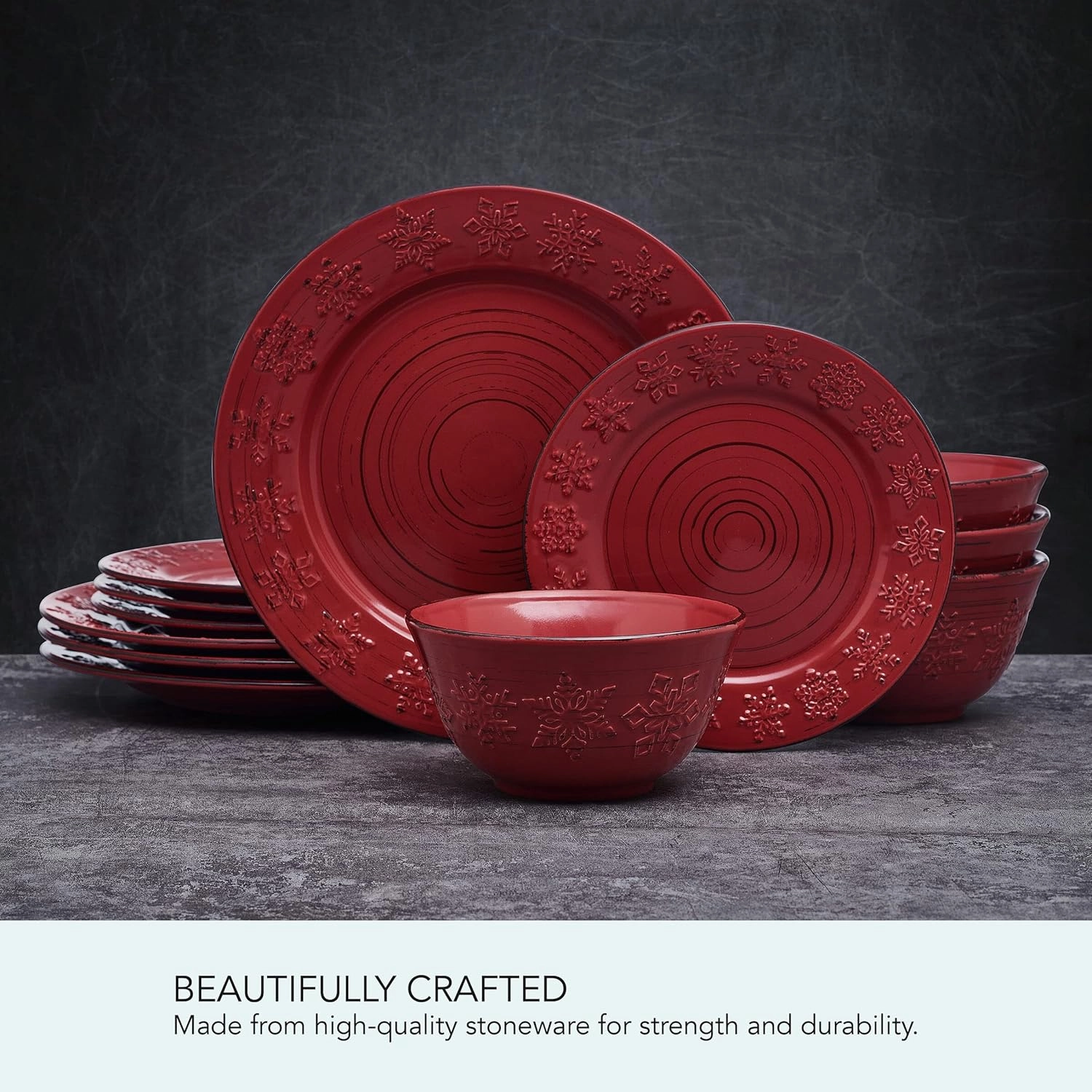 Pfaltzgraff Trellis Snowflakes 12 Piece Dinnerware Set, Service For 4, Red