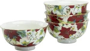 Poinsettia Chintz Porcelain Scalloped Candy / Nut Bowl (Set of 4), Red, 8-Ounce