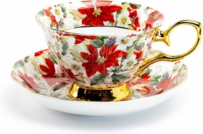 Poinsettia Chintz Gold Bone China Tea Cup and Saucer