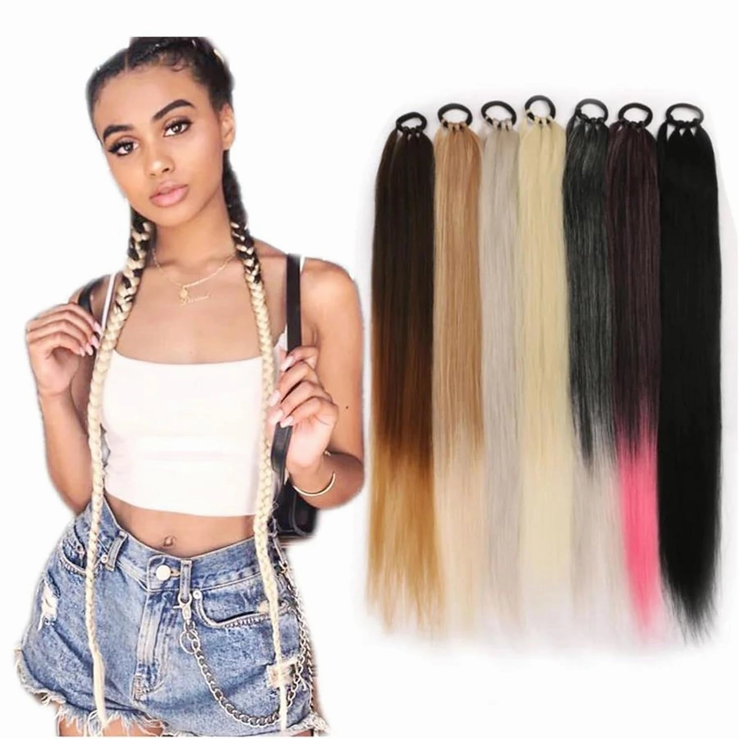 Ponytailtail Extensions Synthetic Boxing Braids 26 Inch Brown Wrap Around Chignon Tail With Rubber Band Hair Ring Ombre Braid