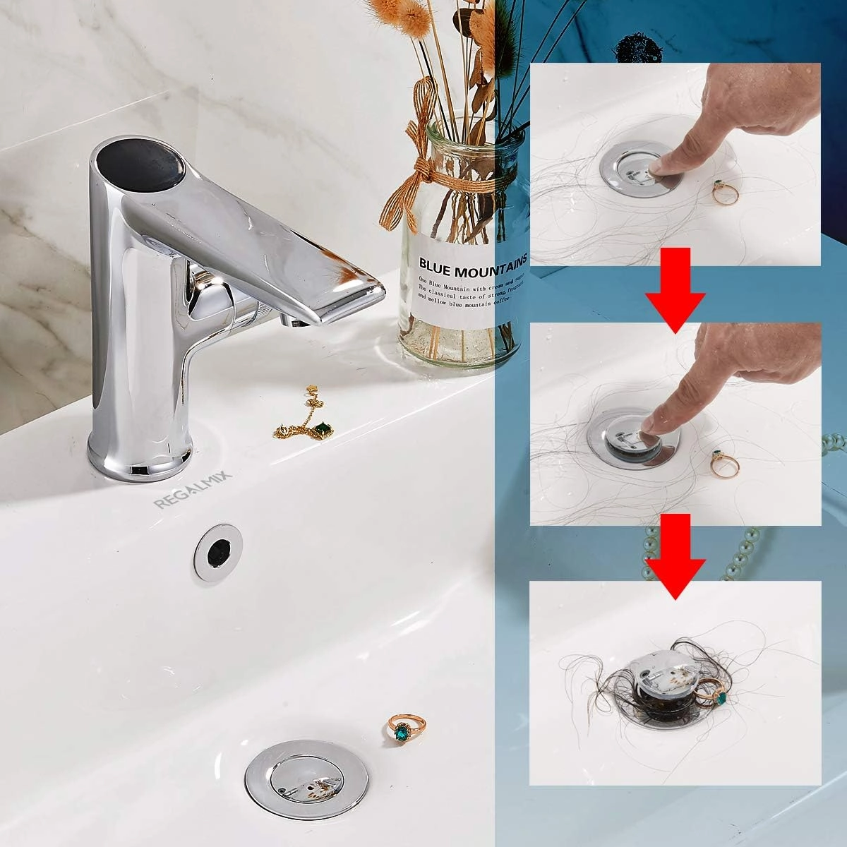Pop Up Drain Stopper, Built-in Anti-Clogging Strainer, Polished Chrome, Fits Standard American Drain Hole (1-1/2" to 1-3/4")