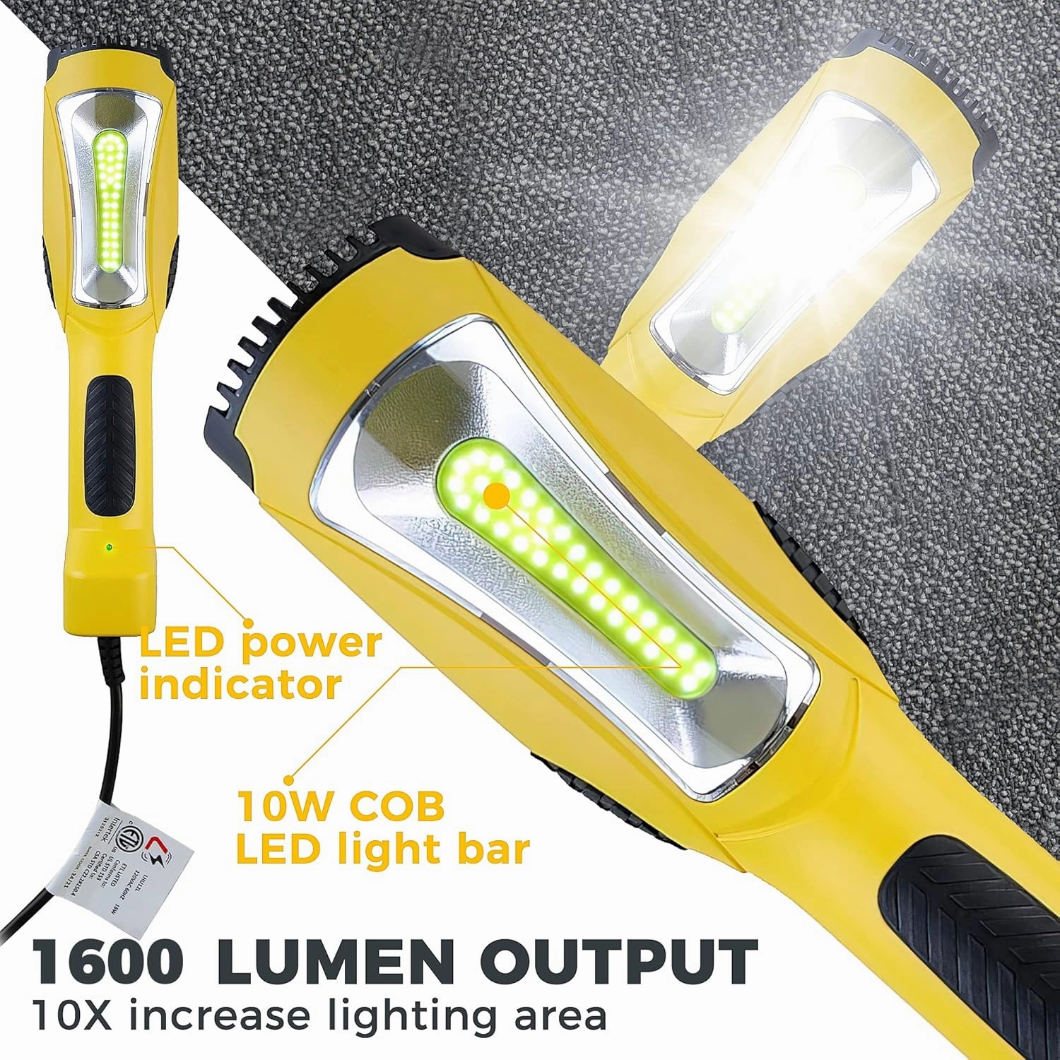 Portable Corded LED Work Light with Outlet in Handle, COB LED, 1600 Lumen 6ft 116AWG 3C SJTW Cord Handheld Outdoor Work Light, Magnetic on Back