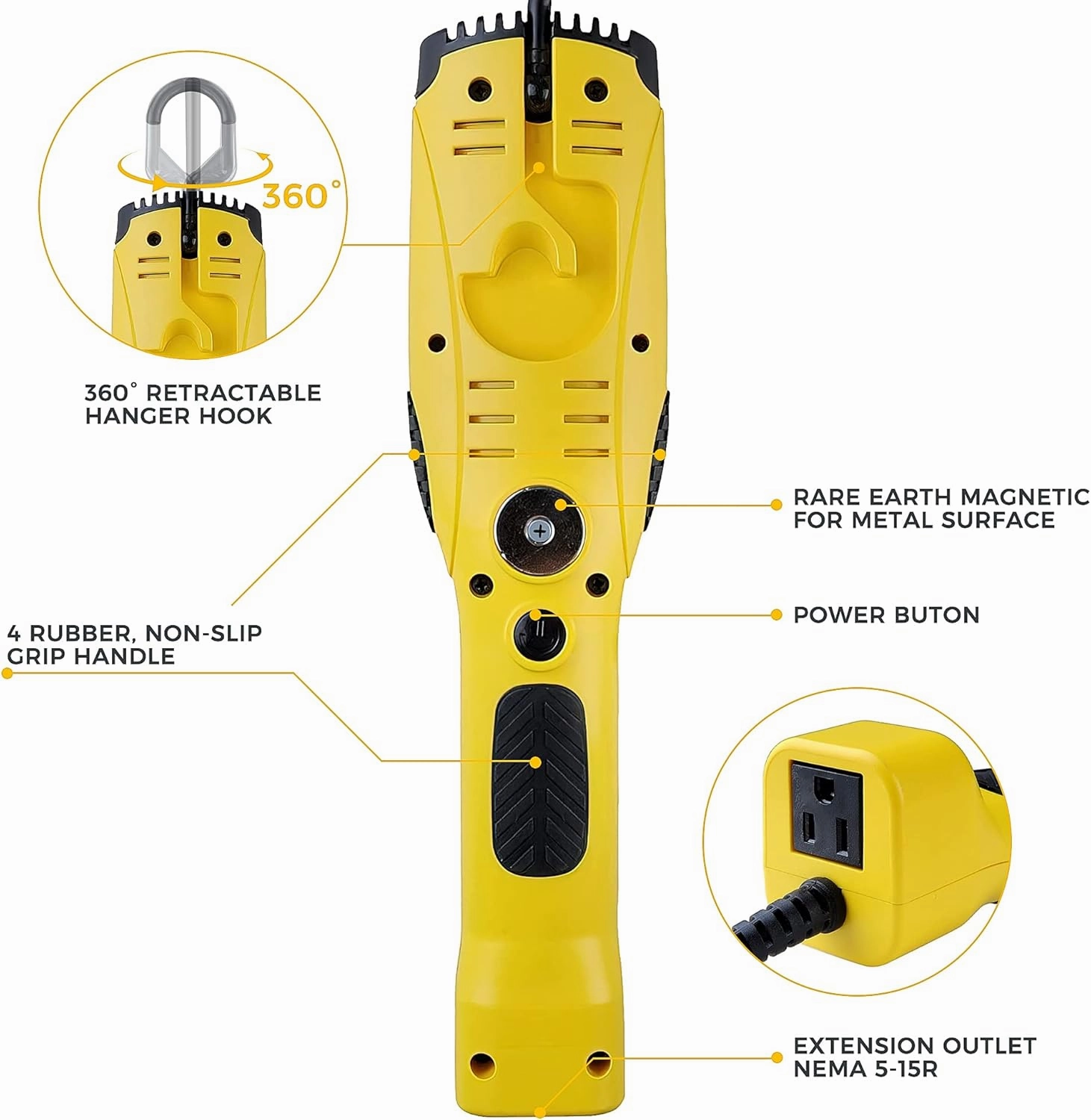 Portable Corded LED Work Light with Outlet in Handle, COB LED, 1600 Lumen 6ft 116AWG 3C SJTW Cord Handheld Outdoor Work Light, Magnetic on Back