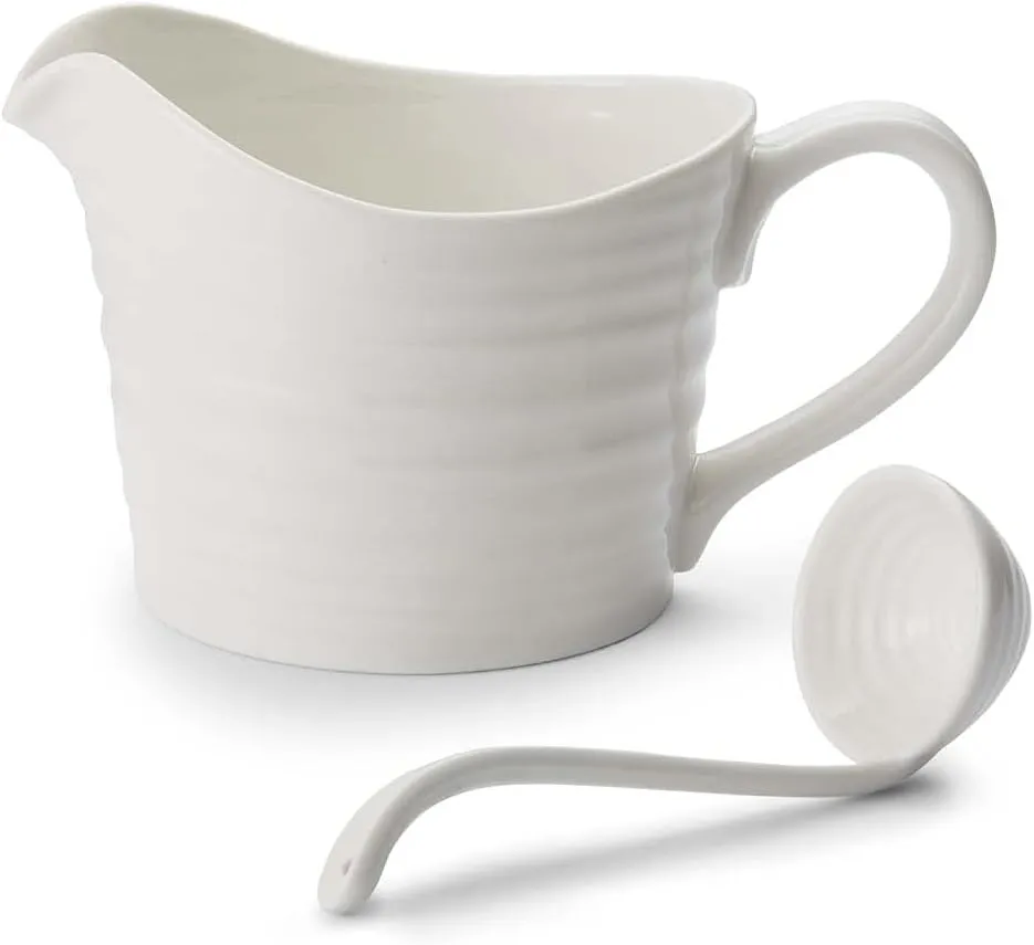 Portmeirion Sophie Conran Mini Sauce Jug and Ladle Set, 16 Oz Porcelain Server, Elegant Handcrafted Serveware with Rippled Surface, Dishwasher, Microwave, Freezer, Oven Safe (White)