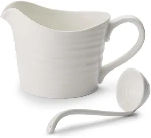 Portmeirion Sophie Conran Mini Sauce Jug and Ladle Set, 16 Oz Porcelain Server, Elegant Handcrafted Serveware with Rippled Surface, Dishwasher, Microwave, Freezer, Oven Safe (White)