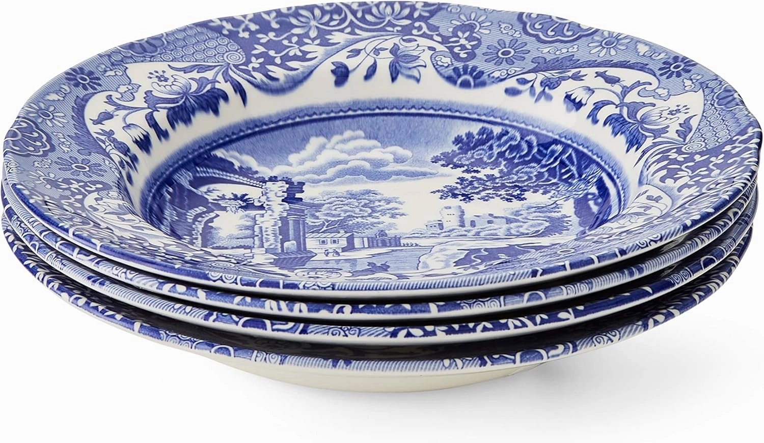 Portmeirion Spode Blue Italian Soup Bowls | Set of 4 | 9Inch | Soup, Pasta, and Salad Serving Bowls | Round, Wide Rim Bowl | Microwave Safe | Dishwasher Safe | Made in England