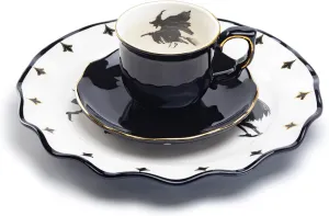 Potter's Studio Flying Witch Black Gold Tea Cup and Saucer   Witches Brew Serving Platter Set