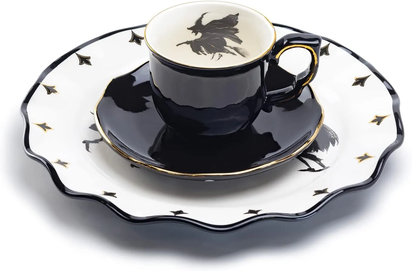 Potter's Studio Flying Witch Black Gold Tea Cup and Saucer   Witches Brew Serving Platter Set