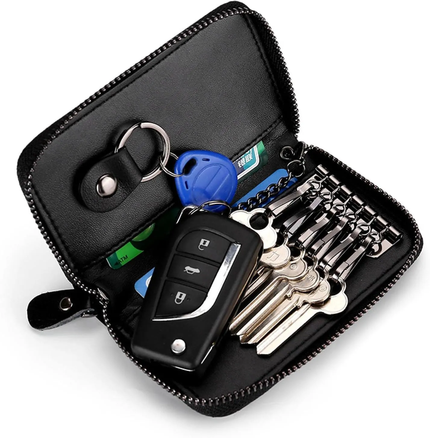 Premium Leather Car Key Case Mini Car Key Holder Keyring Zipper Bag Keychain Case Wallet Purse Unisex (Light brown)