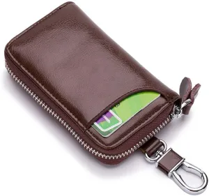 Premium Leather Car Key Case Mini Car Key Holder Keyring Zipper Bag Keychain Case Wallet Purse Unisex (Light brown)