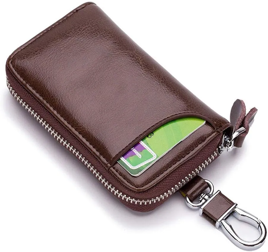 Premium Leather Car Key Case Mini Car Key Holder Keyring Zipper Bag Keychain Case Wallet Purse Unisex (Light brown)