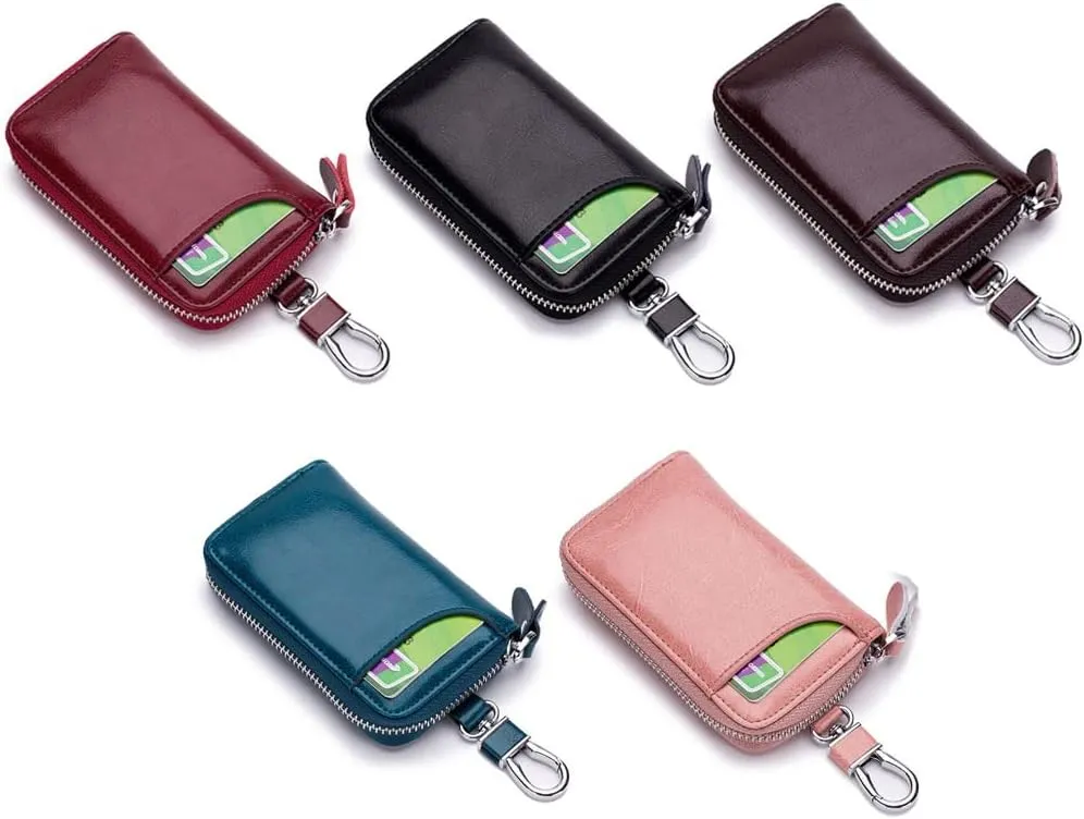 Premium Leather Car Key Case Mini Car Key Holder Keyring Zipper Bag Keychain Case Wallet Purse Unisex (Light brown)