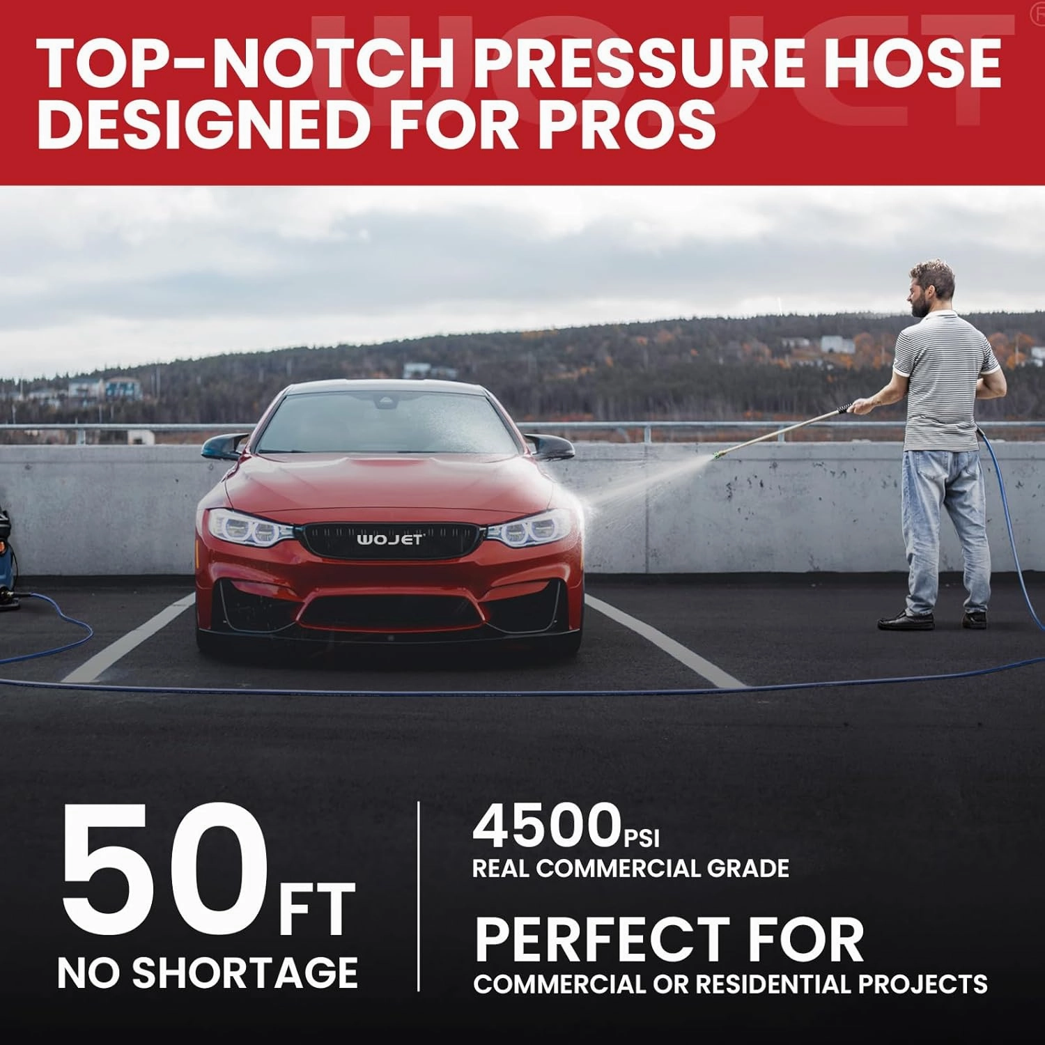 Pressure Washer Hose 50ft 3/8",4500PSI Wear Resistant Replacement Hose for Gas&Electric Power Washer,Steel Braided Rubber Hose with 3/8" Quick Connect Swivel&M22 Hose Adapter for Cold&Hot Water