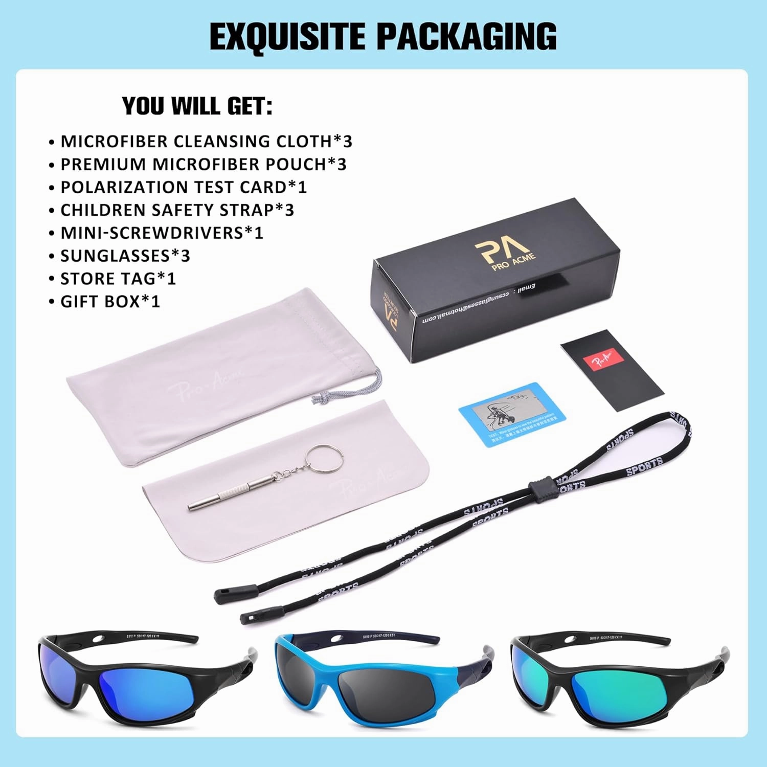 Pro Acme Kids Sunglasses for Boys Girls, Polarized Sports Youth Sunglasses with Strap for Kids Ages 3-12