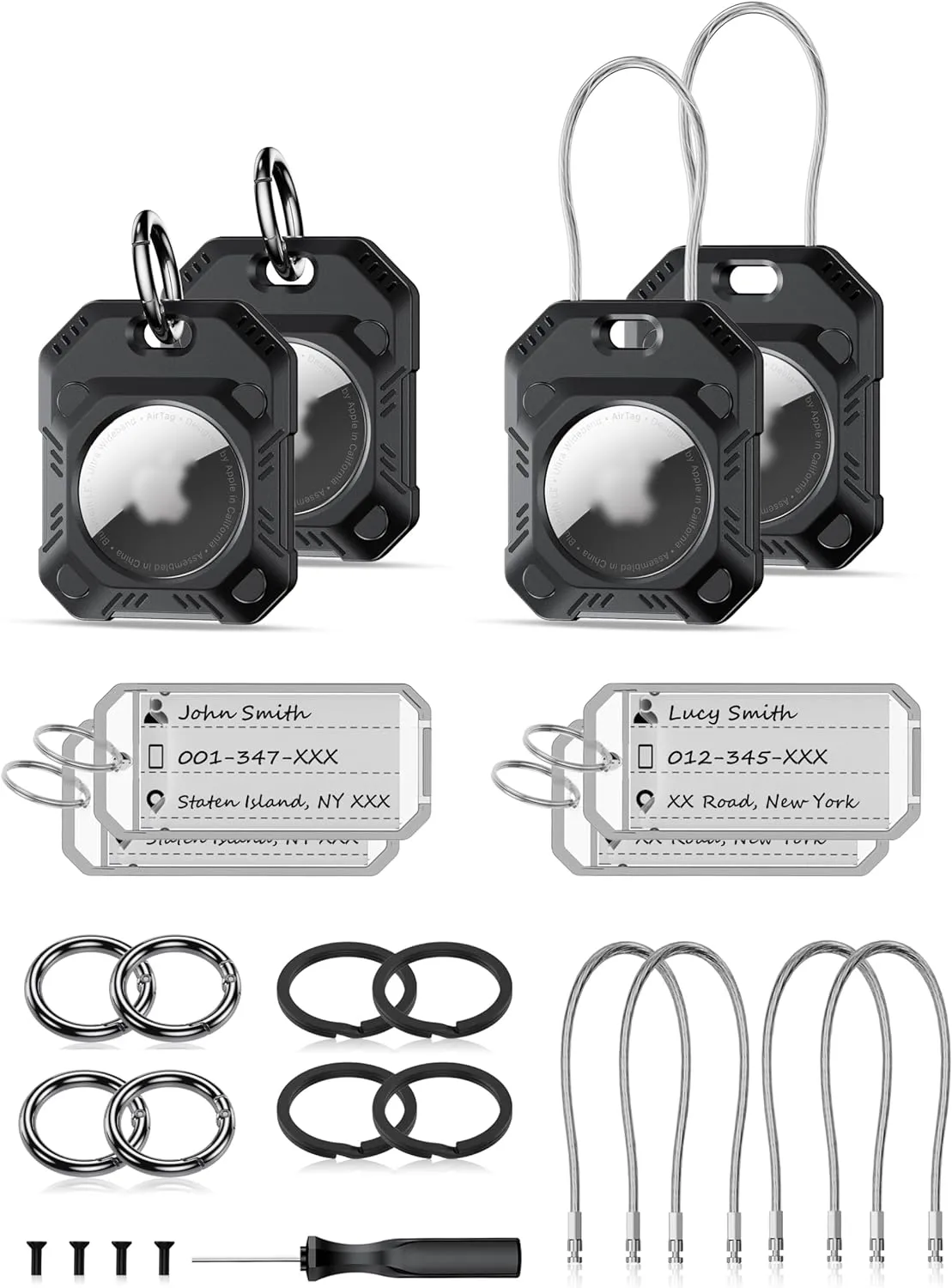 PROfezzion 4-Pack Secure Air Tag Holder 2-in-1 Hard Shell Air Tag Case with Key Rings, Key Tag, Metal Wire Cable, Allen Wrench and Spare Screws for Keychain, Dog Collar, Luggage Bag, Backpack & More