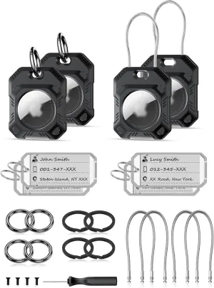 PROfezzion 4-Pack Secure Air Tag Holder 2-in-1 Hard Shell Air Tag Case with Key Rings, Key Tag, Metal Wire Cable, Allen Wrench and Spare Screws for Keychain, Dog Collar, Luggage Bag, Backpack & More