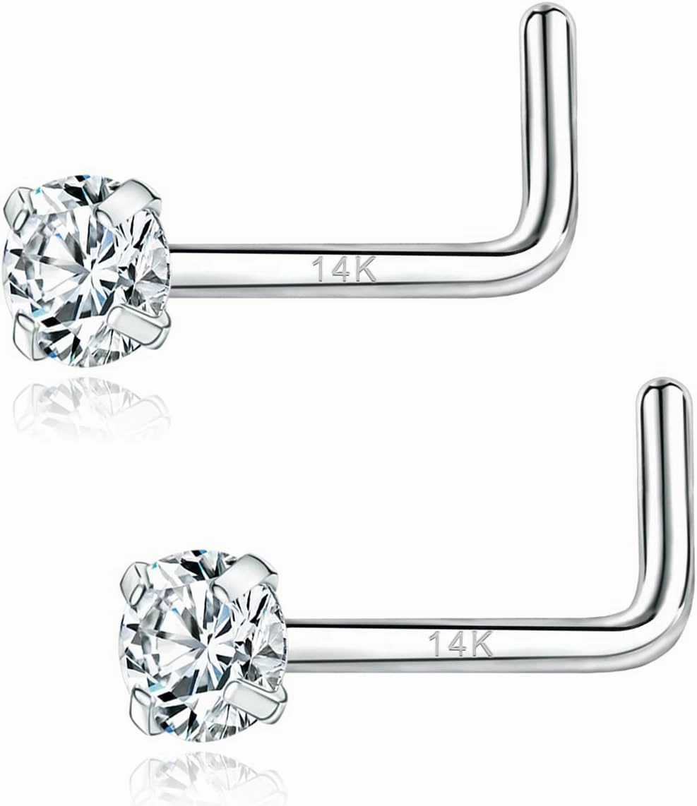 PunkTracker 20g 14K Real Gold Nose Rings CZ Simulated Diamond Nose Studs Hypoallergenic Nostril Nose Piercing Jewelry for Women Men
