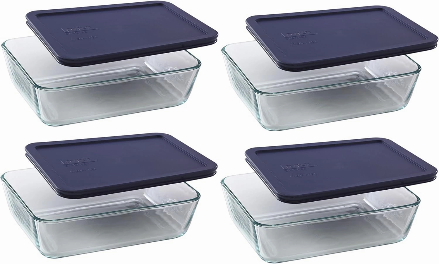Pyrex 6-cup 7211 Rectangle Glass Food Storage Containers with Blue Plastic Lids - 4 Pack Made in the USA