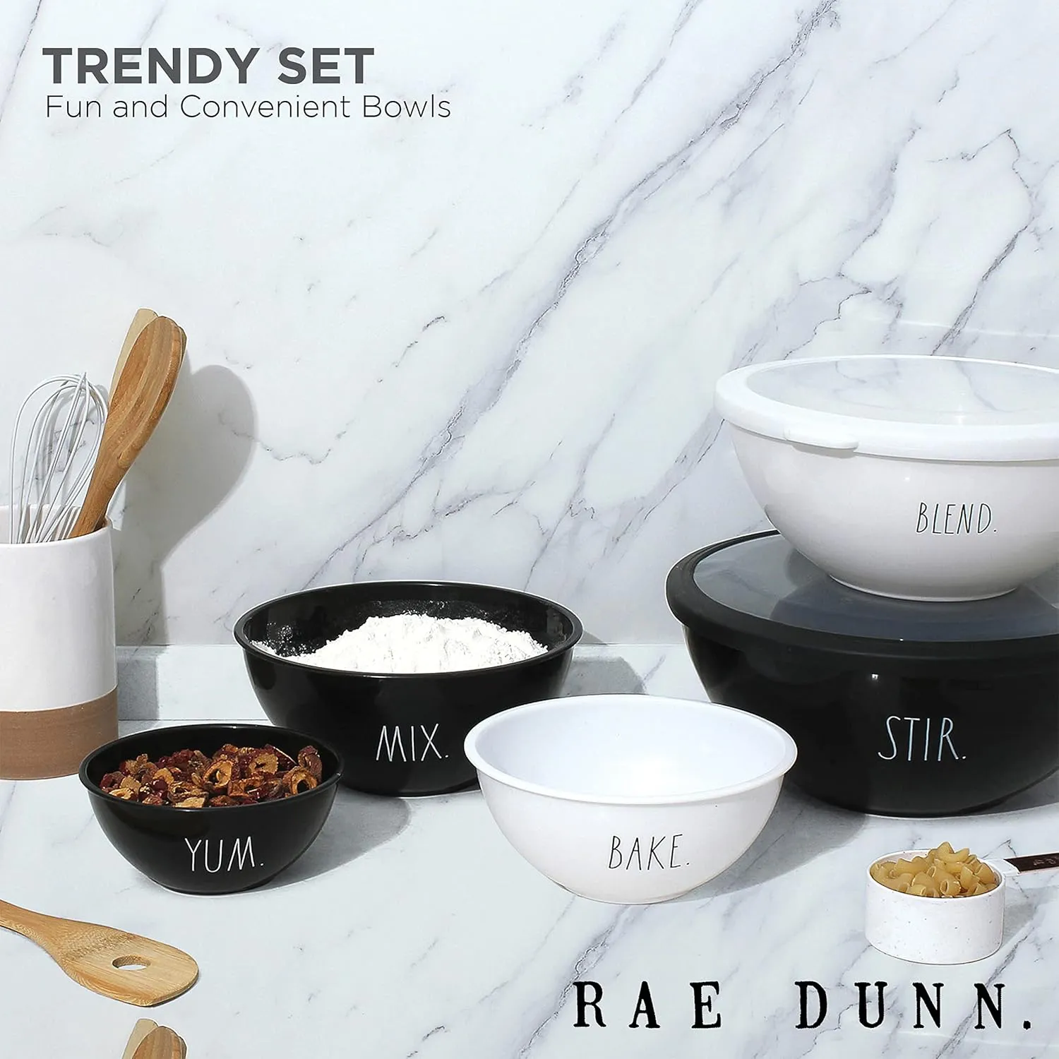 Rae Dunn Mixing Bowls with Lids - 10 Piece Plastic Nesting Bowls Set includes 5 Prep Bowls and 5 Lids (Black)