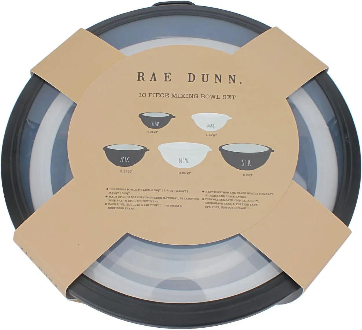 Rae Dunn Mixing Bowls with Lids - 10 Piece Plastic Nesting Bowls Set includes 5 Prep Bowls and 5 Lids (Black)