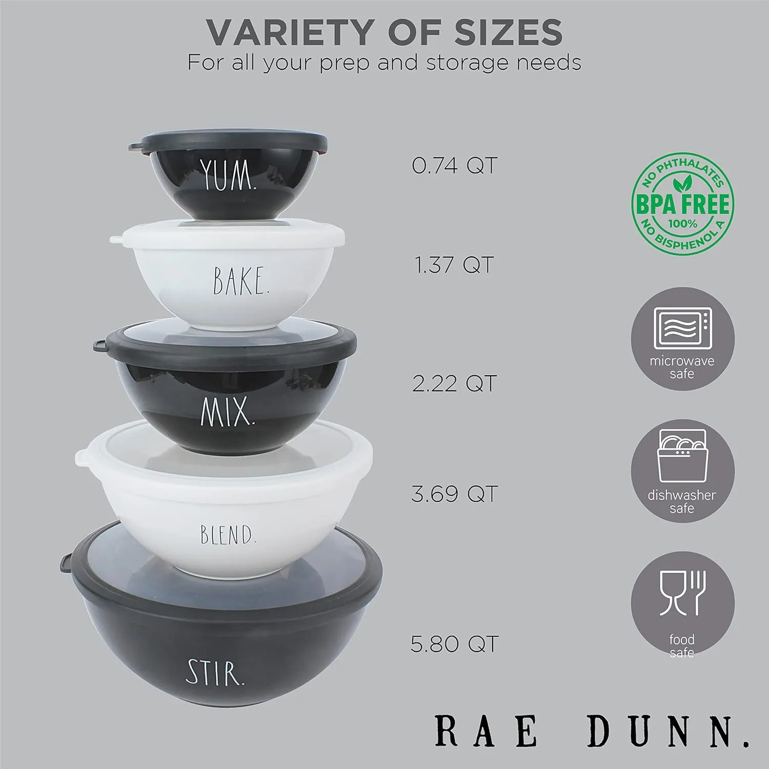 Rae Dunn Mixing Bowls with Lids - 10 Piece Plastic Nesting Bowls Set includes 5 Prep Bowls and 5 Lids (Black)