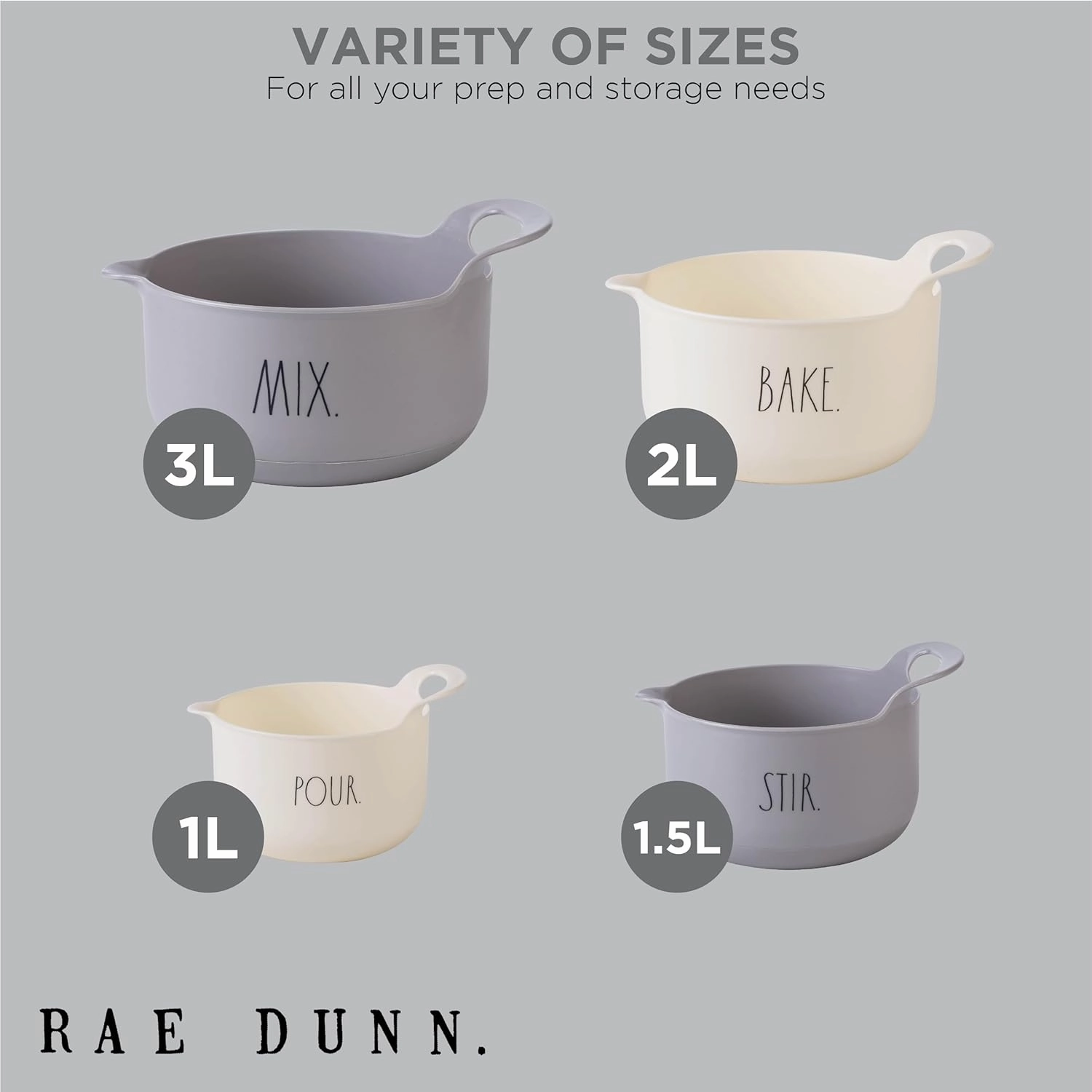 Rae Dunn Non-Slip Mixing Bowls - 4 Piece Nesting Plastic Mixing Bowl Set with Pour Spouts and Handles-Measurement Markings (Grey)