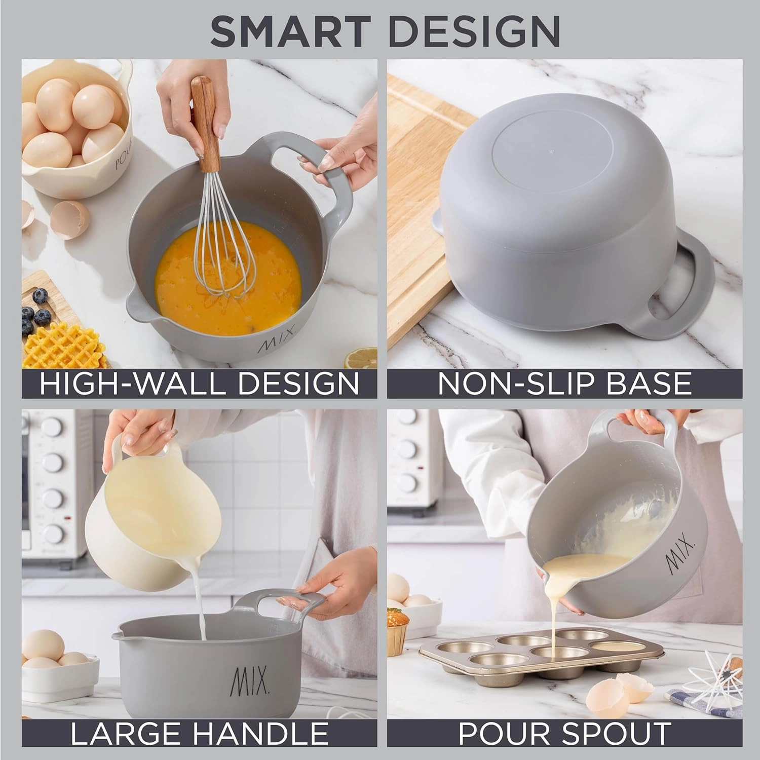 Rae Dunn Non-Slip Mixing Bowls - 4 Piece Nesting Plastic Mixing Bowl Set with Pour Spouts and Handles-Measurement Markings (Grey)