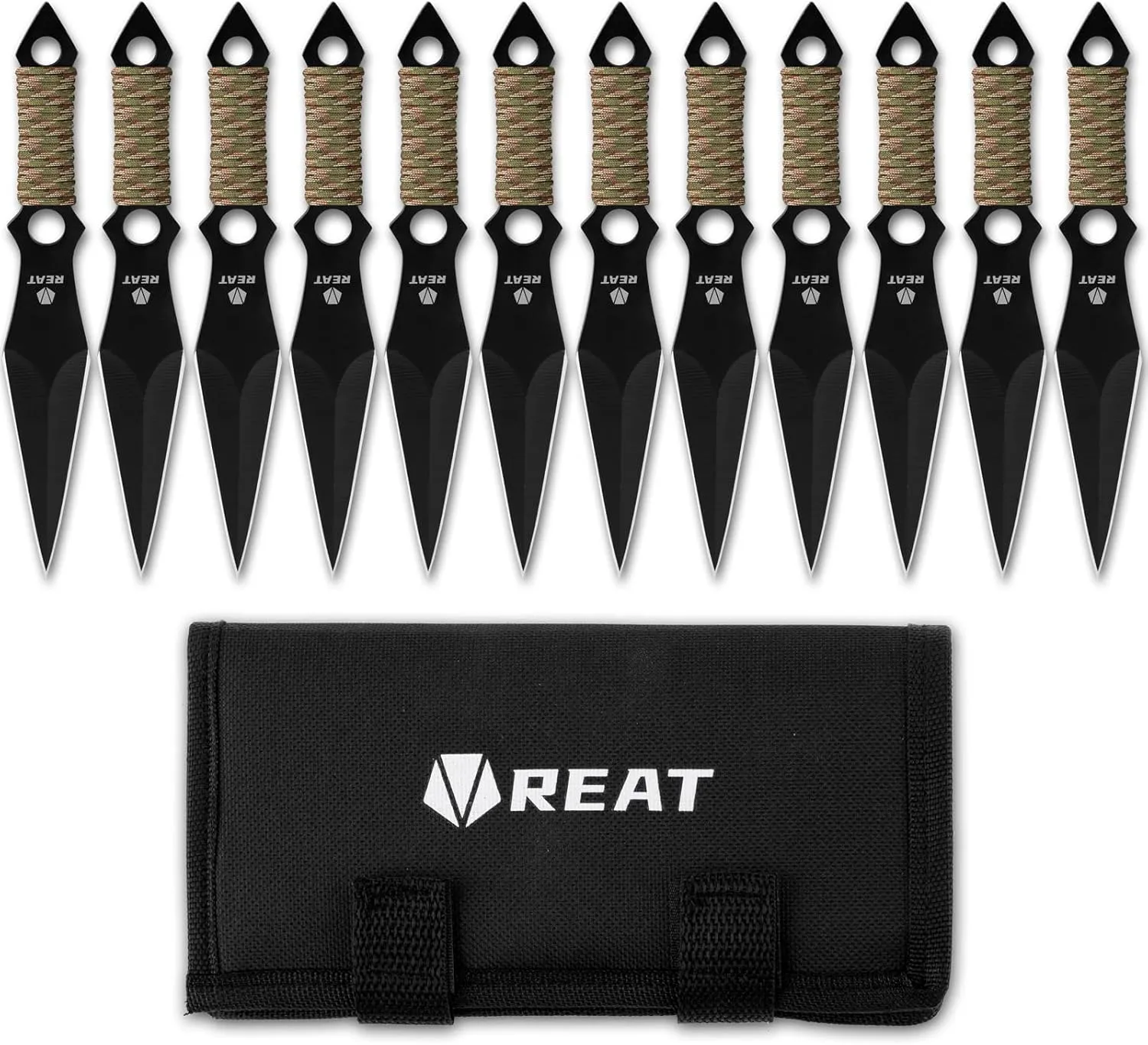 REAT Throwing Products - 12 Piece, 6.5" 440 Stainless Steel with Cord-Wrapped Handle, Includes Nylon Carrying Case for Safe Storage,Kunai Knives for Competition, Training and Recreation (Black)
