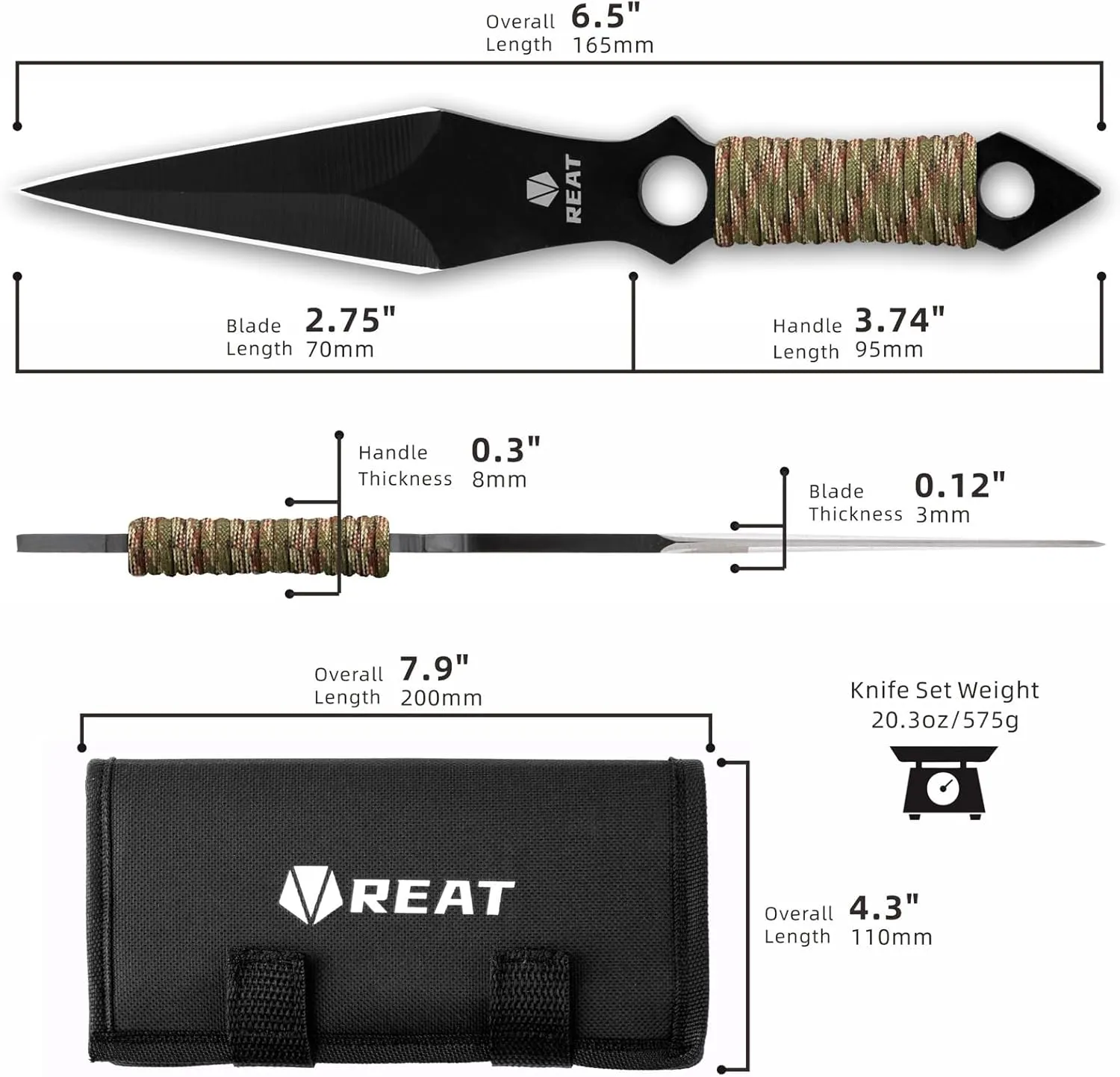 REAT Throwing Products - 12 Piece, 6.5" 440 Stainless Steel with Cord-Wrapped Handle, Includes Nylon Carrying Case for Safe Storage,Kunai Knives for Competition, Training and Recreation (Black)