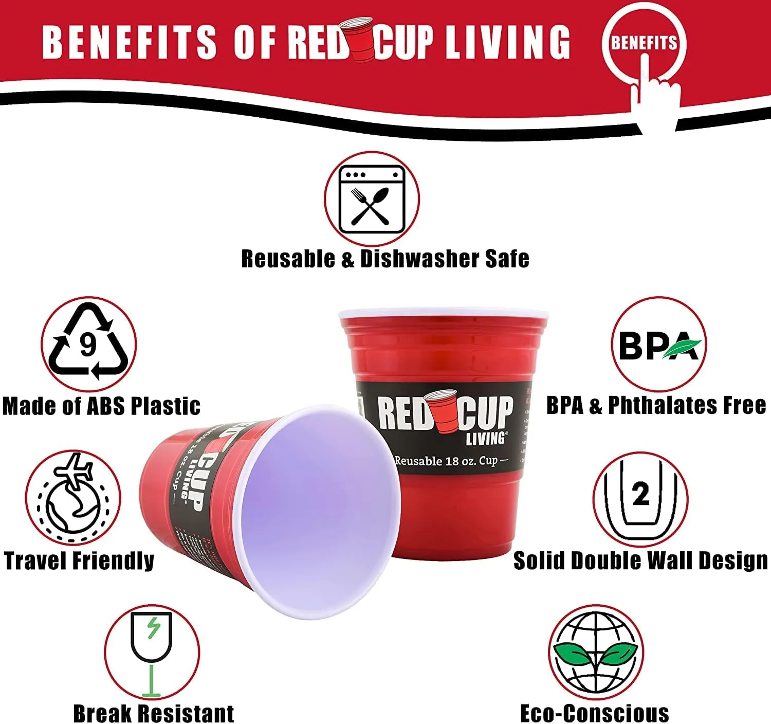 Red Party Cup Glass Tumbler 18Oz|Unbreakable Cups Ideal for Kids Adults| Reusable Drinking Supplies Birthday, Anniversary, Valentine's Travel Outdoors | Durable & Dishwasher Safe - Pack of 4