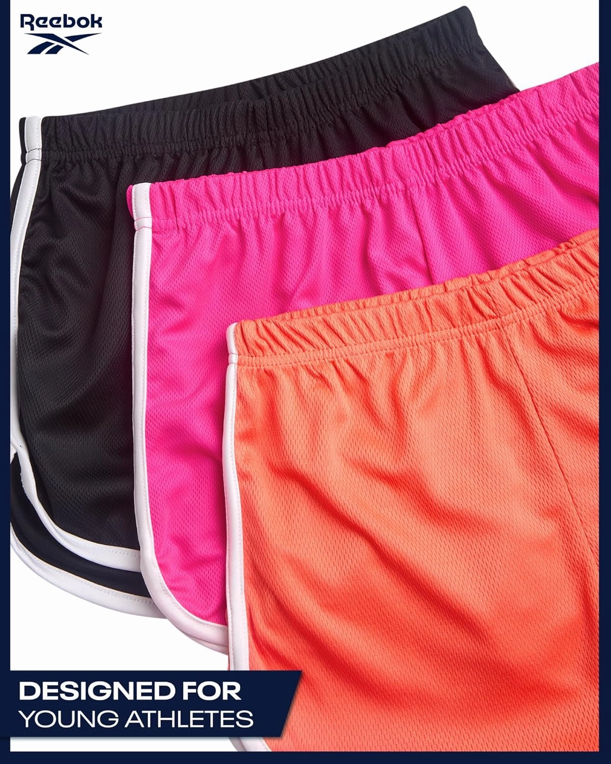 Reebok Girls Athletic Shorts - 3 Pack Active Performance Lightweight Mesh Dolphin Girls Shorts for Running Soccer Gym (7-12)