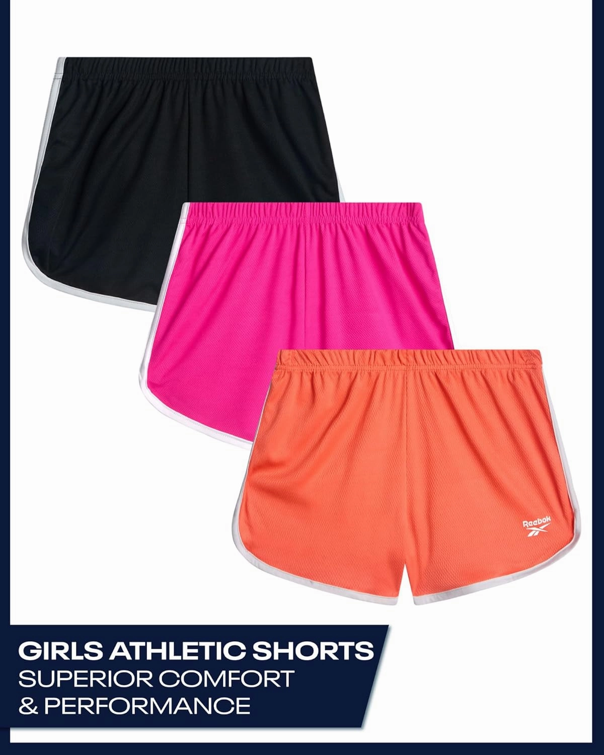 Reebok Girls Athletic Shorts - 3 Pack Active Performance Lightweight Mesh Dolphin Girls Shorts for Running Soccer Gym (7-12)