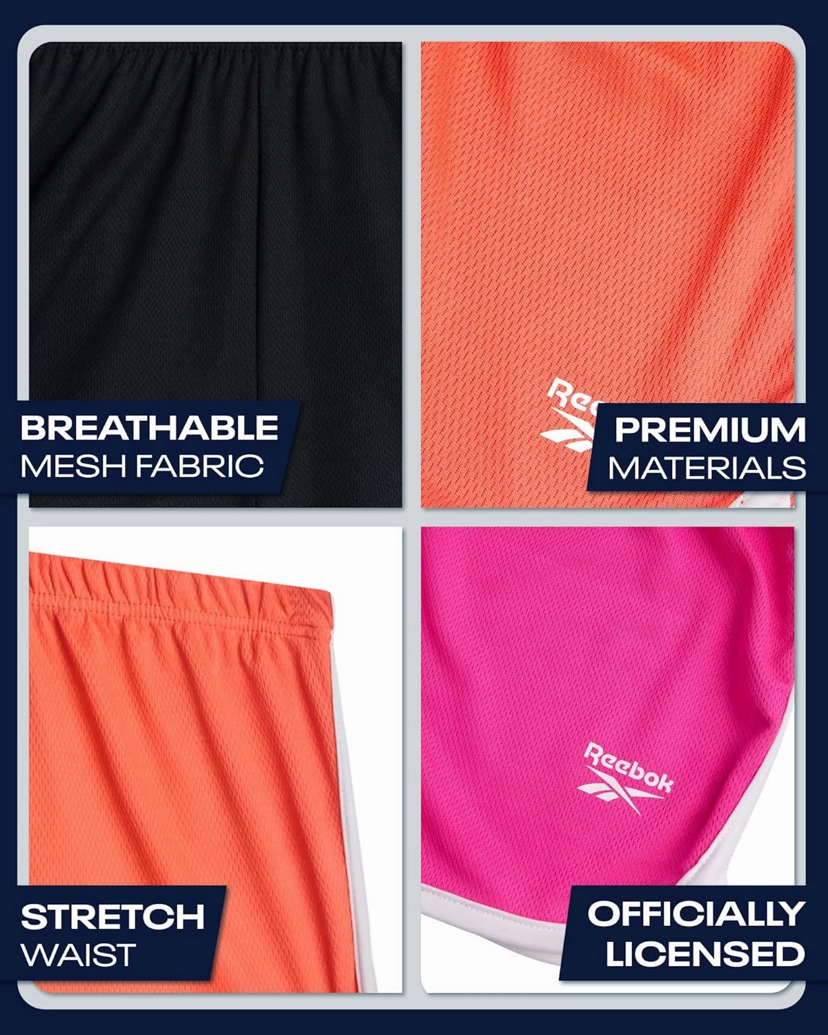 Reebok Girls Athletic Shorts - 3 Pack Active Performance Lightweight Mesh Dolphin Girls Shorts for Running Soccer Gym (7-12)