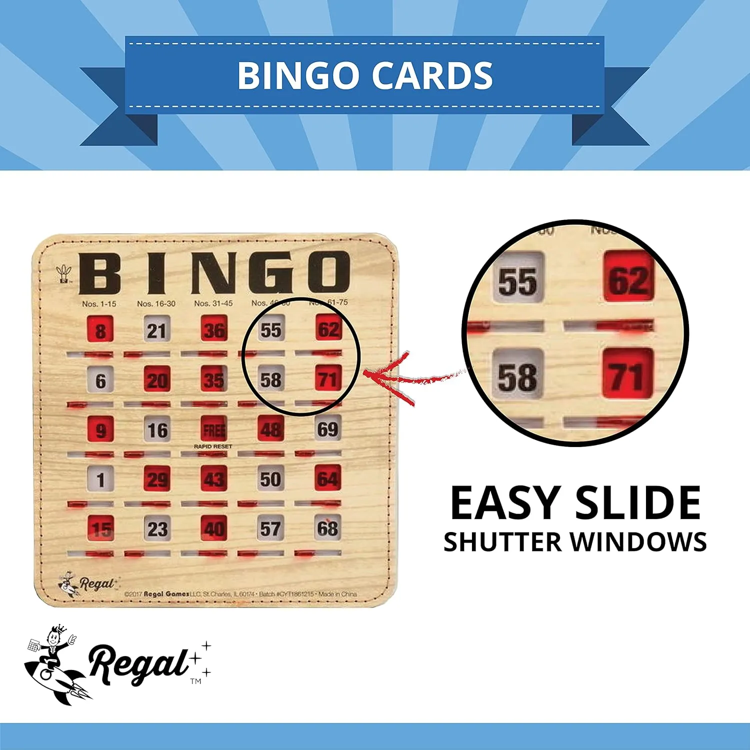 Regal Bingo Bulk Bingo Cards with Sliding Windows - Reusable Bingo Game Cards for Adults Large Group - 25 Pack, Woodgrain