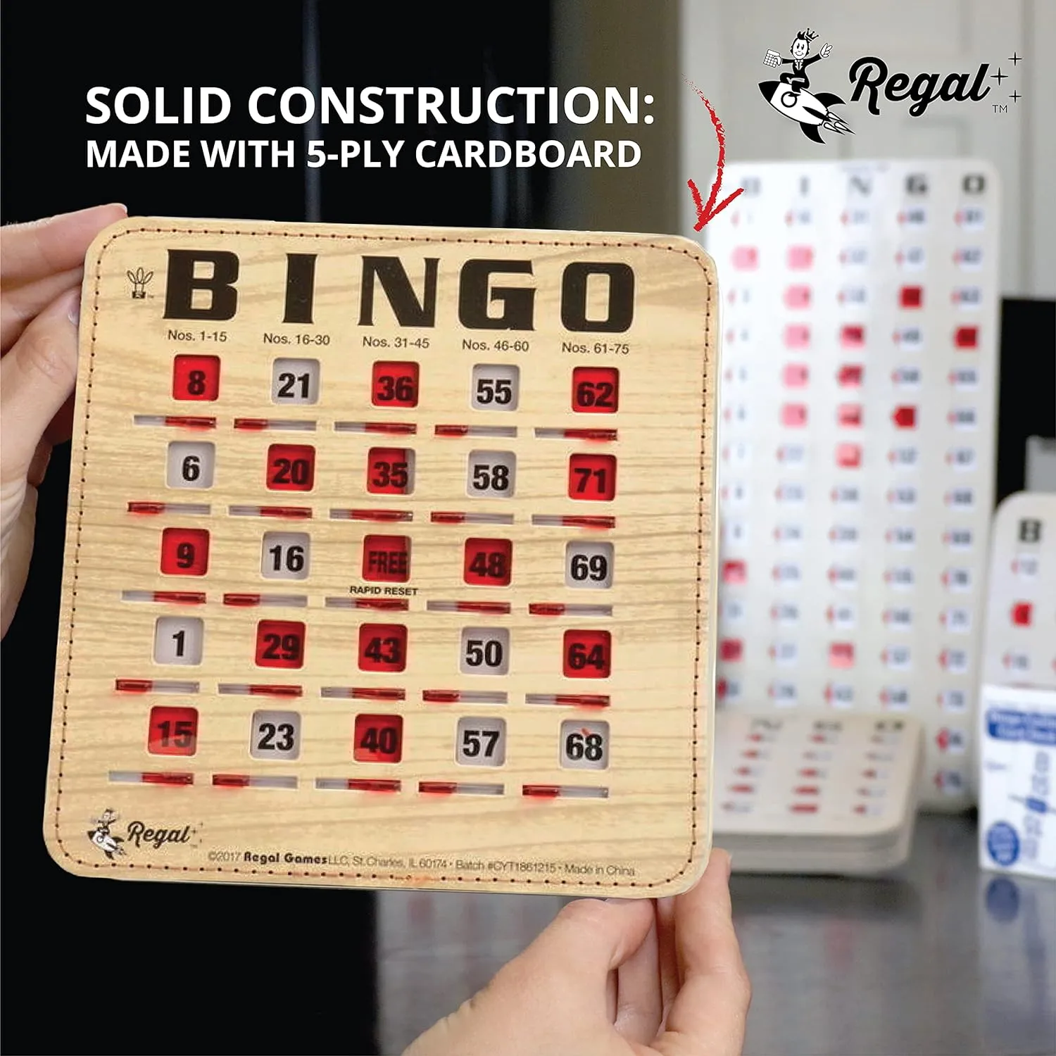 Regal Bingo Bulk Bingo Cards with Sliding Windows - Reusable Bingo Game Cards for Adults Large Group - 25 Pack, Woodgrain