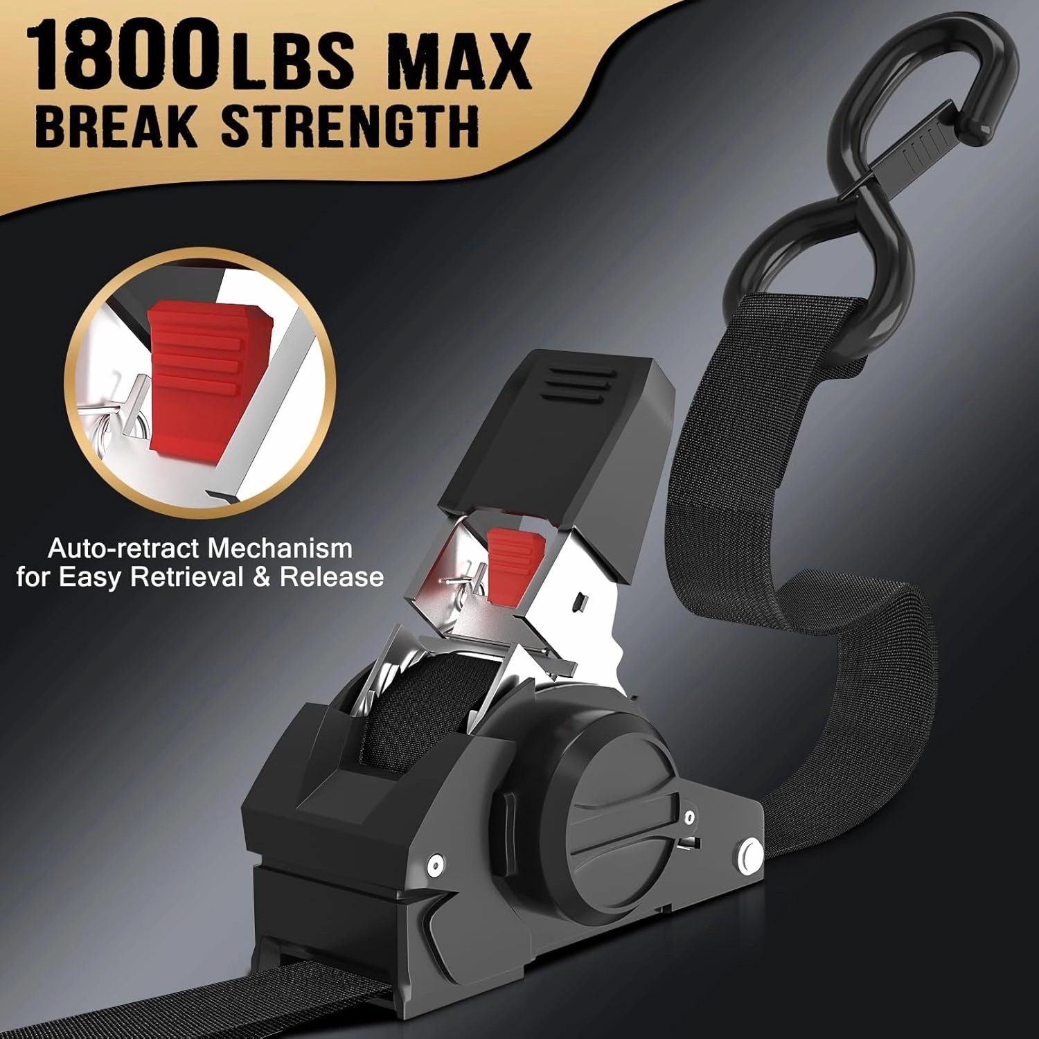 Retractable Ratchet Tie Down Straps - 1 Inch x 10 Feet (1800 LB Break Strength) Heavy Duty Self Retracting Ratchet Straps, for Trucks/ATV/Motorcycle/Cargo/Household（Black/4 Pack）